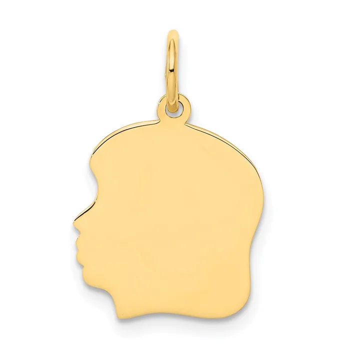 14k Yellow Gold Plain Medium 027 Gauge Facing Left Engravable Girl Head Charm TreasureFineJewelers Charm Necklaces