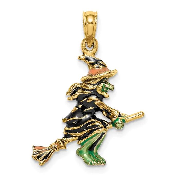Charm Necklaces TreasureFineJewelers 14k Yellow Gold 3D Enameled Witch Flying on Broom Charm