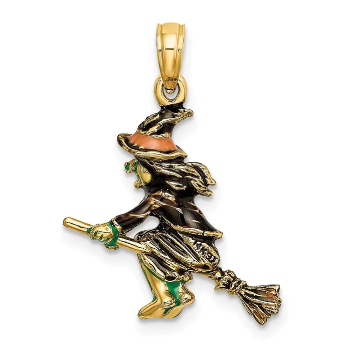 Charm Necklaces TreasureFineJewelers 14k Yellow Gold 3D Enameled Witch Flying on Broom Charm