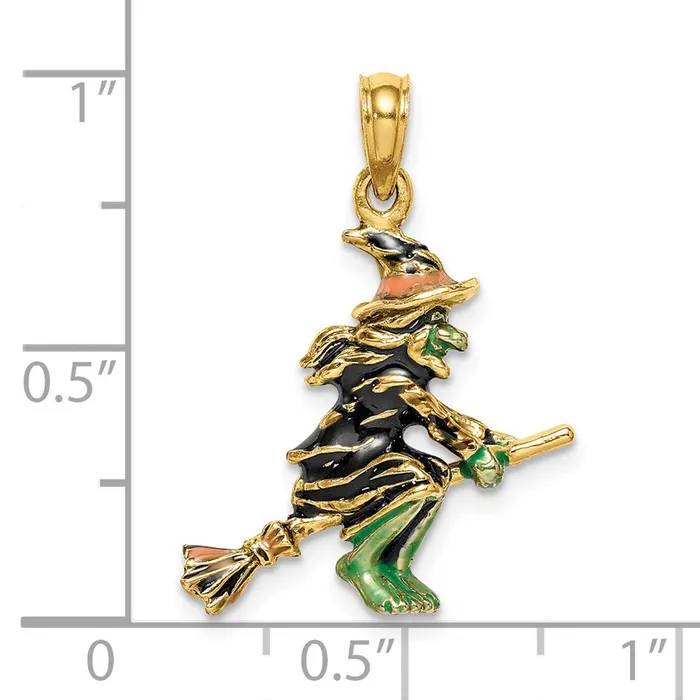 Charm Necklaces TreasureFineJewelers 14k Yellow Gold 3D Enameled Witch Flying on Broom Charm
