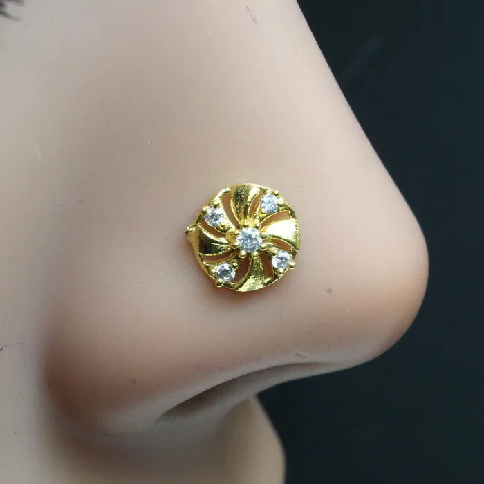 Rings Karizma Jewels Gold Plated Indian Wheel Nose Studs CZ corkscrew piercing nose ring