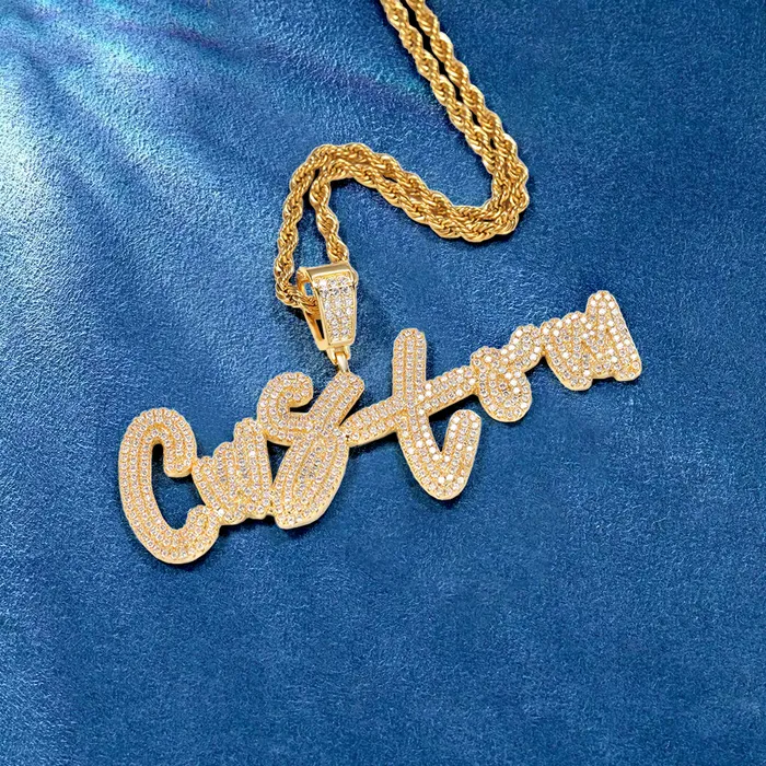 Necklaces IceZeusShop Custom Cursive Double Row AZ09 Name Pendant