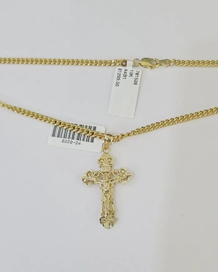 10K Gold Miami Cuban Chain INRI Cross Charm Length 1826 25mm REAL Yellow Gold and Diamond Charm Necklaces