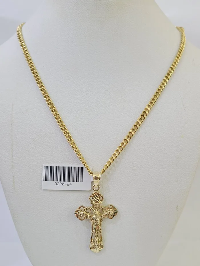10K Gold Miami Cuban Chain INRI Cross Charm Length 1826 25mm REAL Yellow Gold and Diamond Charm Necklaces