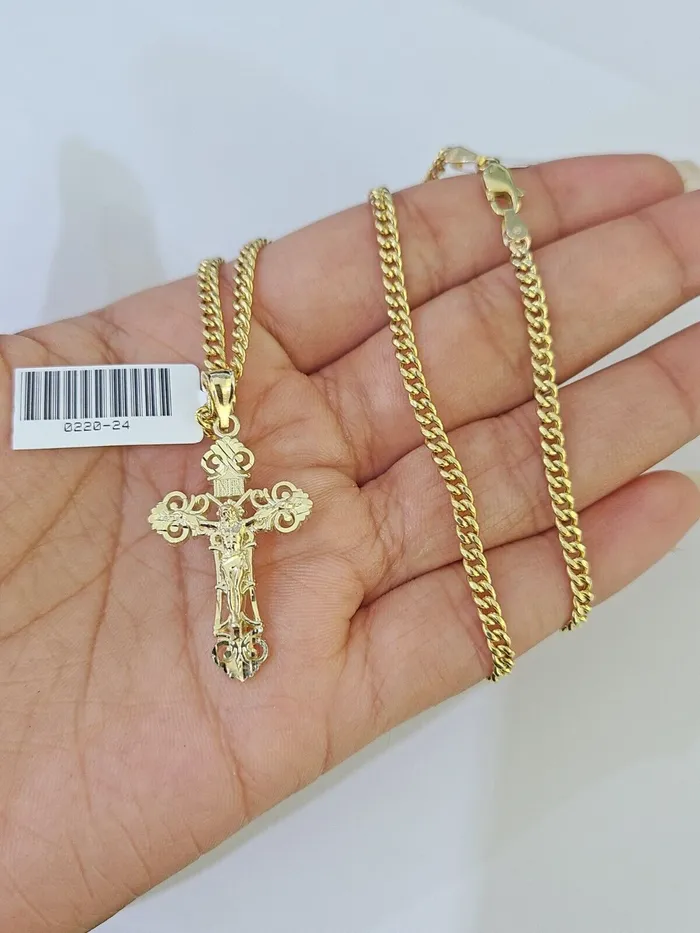 10K Gold Miami Cuban Chain INRI Cross Charm Length 1826 25mm REAL Yellow Gold and Diamond Charm Necklaces