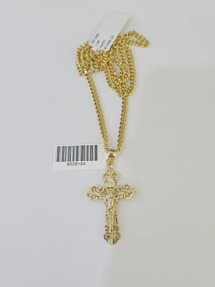 10K Gold Miami Cuban Chain INRI Cross Charm Length 1826 25mm REAL Yellow Gold and Diamond Charm Necklaces