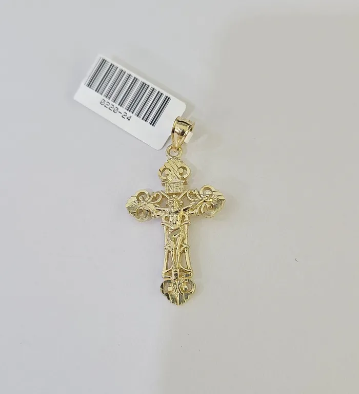 10K Gold Miami Cuban Chain INRI Cross Charm Length 1826 25mm REAL Yellow Gold and Diamond Charm Necklaces
