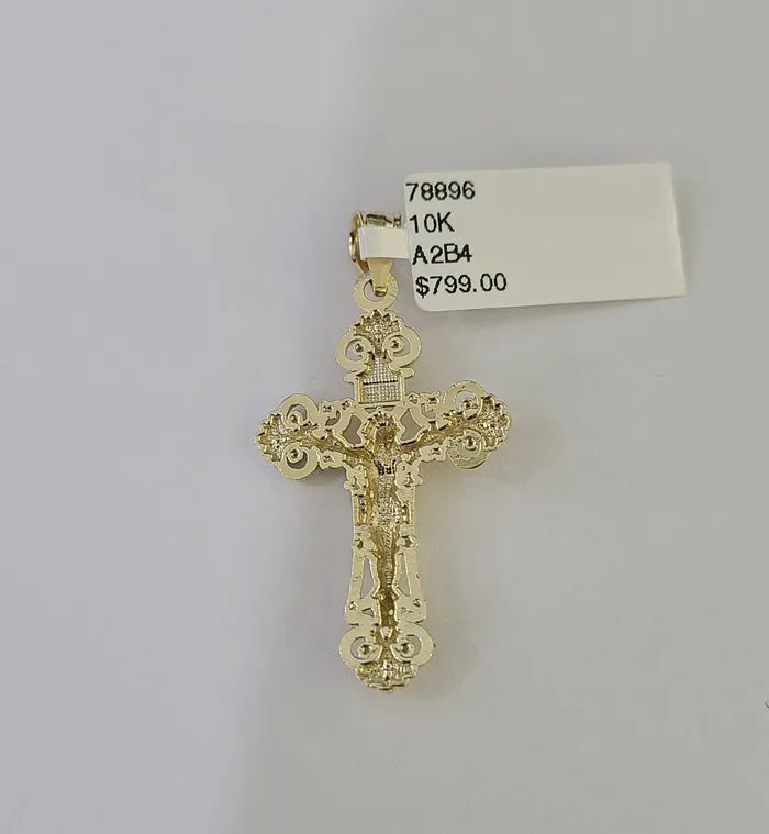 10K Gold Miami Cuban Chain INRI Cross Charm Length 1826 25mm REAL Yellow Gold and Diamond Charm Necklaces