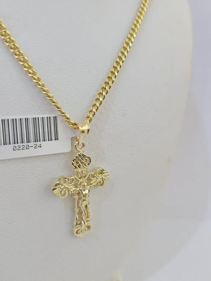 10K Gold Miami Cuban Chain INRI Cross Charm Length 1826 25mm REAL Yellow Gold and Diamond Charm Necklaces