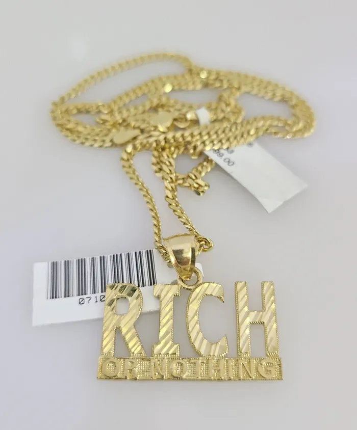 10K Solid Gold Miami Cuban Chain Rich or Nothing Charm 1824 25mm Pendant Gold and Diamond Charm Necklaces