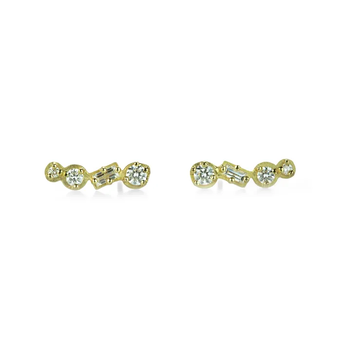 Anne Sportun Earrings Round and Baguette Diamond Ear Climber Studs