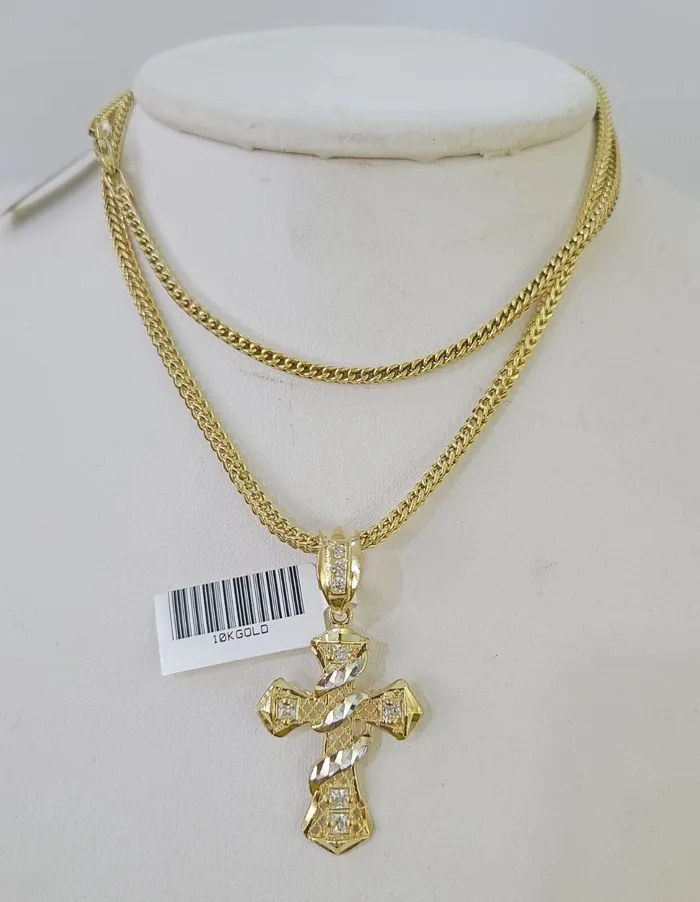 Charm Necklaces Gold and Diamond 10K Gold Franco Chain Cross Charm Length 1826 inches 2mm REAL Yellow