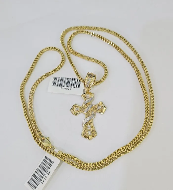 Charm Necklaces Gold and Diamond 10K Gold Franco Chain Cross Charm Length 1826 inches 2mm REAL Yellow