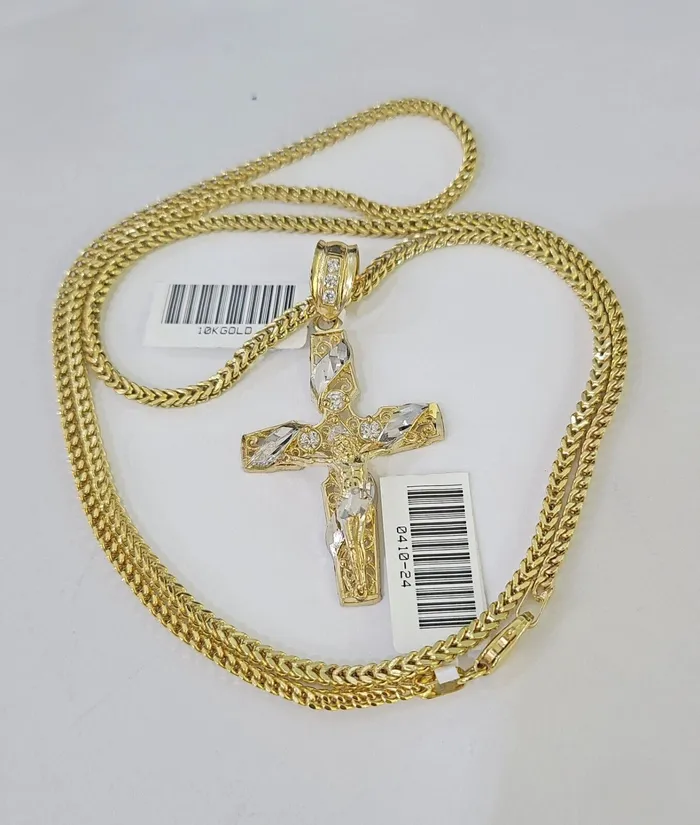 Charm Necklaces Gold and Diamond 10K Gold Franco Chain Cross Charm Length 1826 inches 2mm REAL Yellow