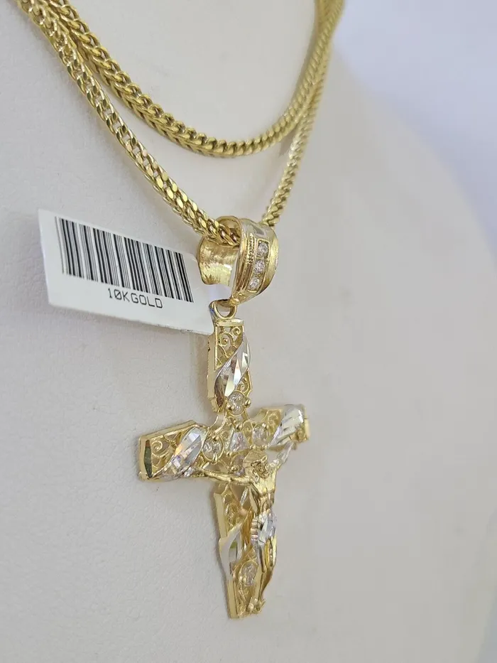 Charm Necklaces Gold and Diamond 10K Gold Franco Chain Cross Charm Length 1826 inches 2mm REAL Yellow