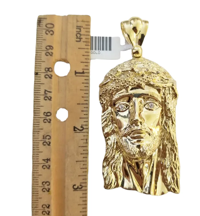 Charm Necklaces Gold and Diamond Real 10K Yellow Gold Jesus Pendent Charm 3 Inch 10kt Jesus Head