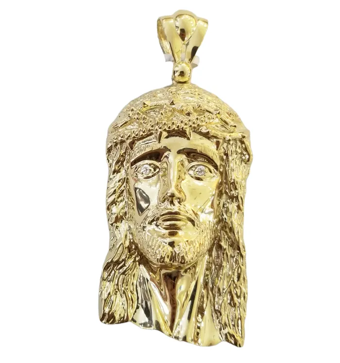 Charm Necklaces Gold and Diamond Real 10K Yellow Gold Jesus Pendent Charm 3 Inch 10kt Jesus Head