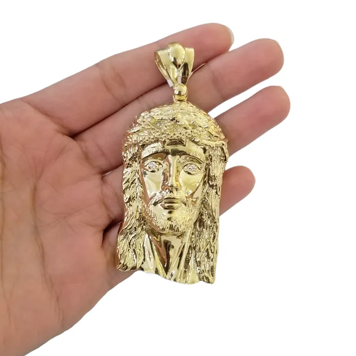 Charm Necklaces Gold and Diamond Real 10K Yellow Gold Jesus Pendent Charm 3 Inch 10kt Jesus Head