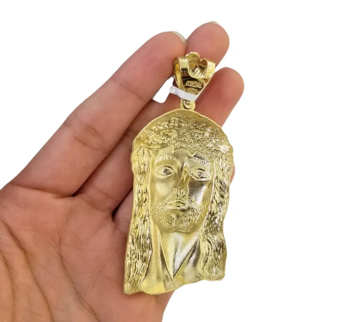 Charm Necklaces Gold and Diamond Real 10K Yellow Gold Jesus Pendent Charm 3 Inch 10kt Jesus Head