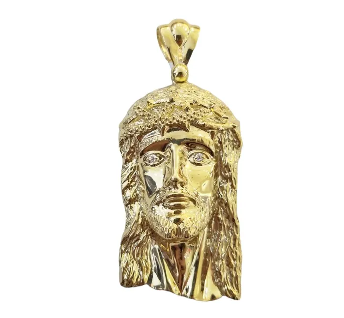 Charm Necklaces Gold and Diamond Real 10K Yellow Gold Jesus Pendent Charm 3 Inch 10kt Jesus Head