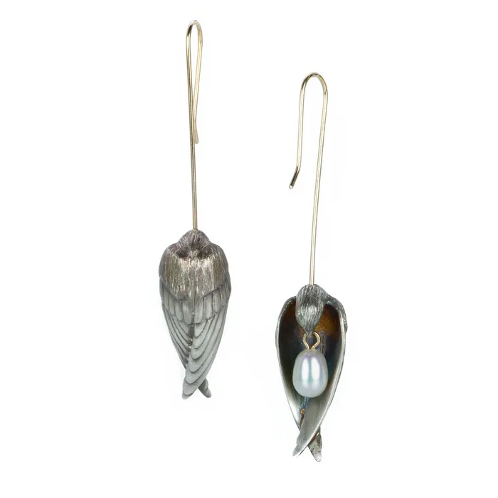 Gabriella Kiss Earrings Silver Sleeping Bird Earrings with Pearl Drops