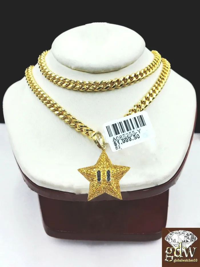 Gold and Diamond Charm Necklaces 10k Yellow Gold Real Diamond Star Emoji Charm 20Inch Miami Cuban Chain