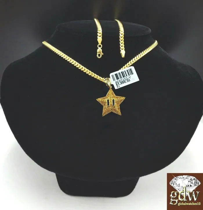 Gold and Diamond Charm Necklaces 10k Yellow Gold Real Diamond Star Emoji Charm 20Inch Miami Cuban Chain
