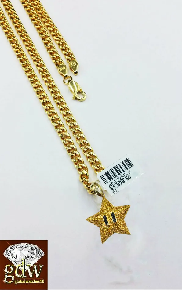 Gold and Diamond Charm Necklaces 10k Yellow Gold Real Diamond Star Emoji Charm 20Inch Miami Cuban Chain