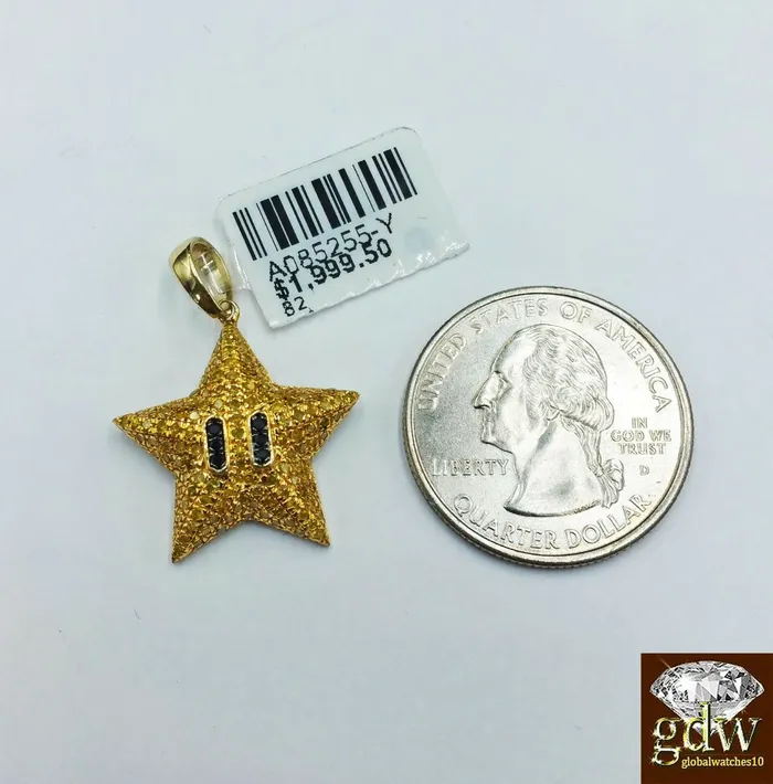 Gold and Diamond Charm Necklaces 10k Yellow Gold Real Diamond Star Emoji Charm 20Inch Miami Cuban Chain