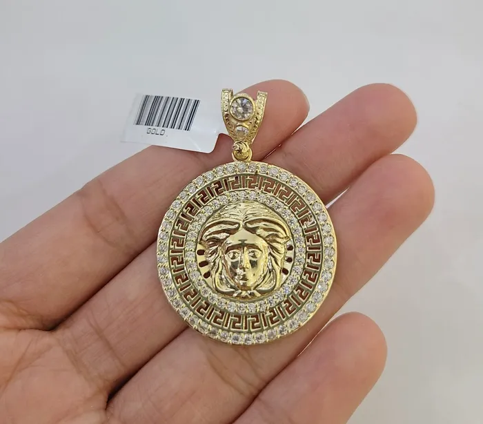 Gold and Diamond Charm Necklaces Real 10k Yellow Gold Head Charm Pendant 2 Inches Round New Charm Circular 10kt