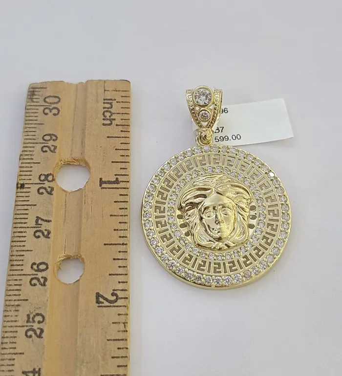 Gold and Diamond Charm Necklaces Real 10k Yellow Gold Head Charm Pendant 2 Inches Round New Charm Circular 10kt
