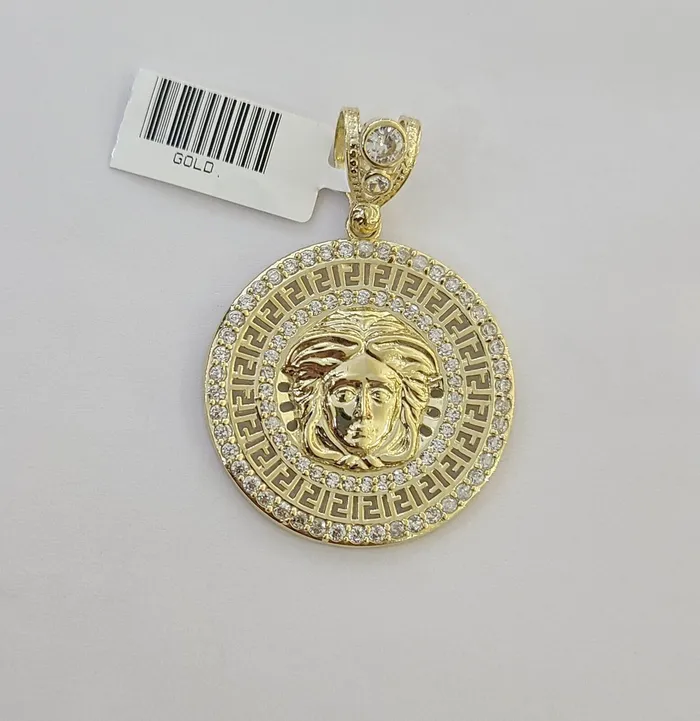 Gold and Diamond Charm Necklaces Real 10k Yellow Gold Head Charm Pendant 2 Inches Round New Charm Circular 10kt
