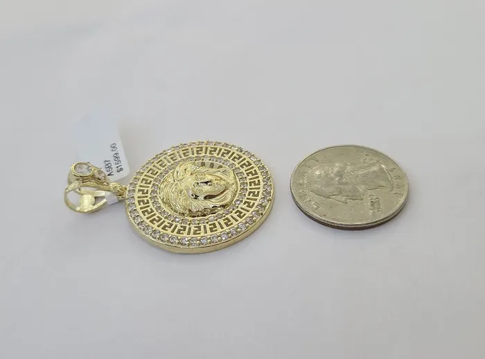 Gold and Diamond Charm Necklaces Real 10k Yellow Gold Head Charm Pendant 2 Inches Round New Charm Circular 10kt