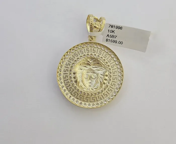 Gold and Diamond Charm Necklaces Real 10k Yellow Gold Head Charm Pendant 2 Inches Round New Charm Circular 10kt