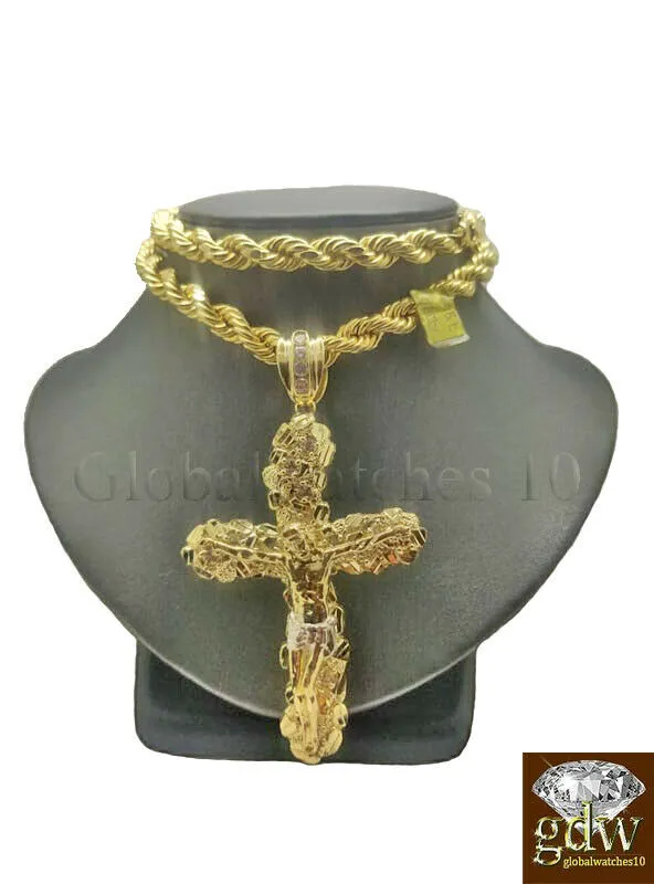 Real 10k Gold Nugget Jesus Crucifix Cross Pendent Charm with 26 Inch Rope Chain Gold and Diamond Charm Necklaces