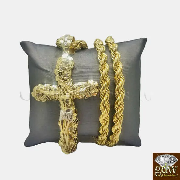 Real 10k Gold Nugget Jesus Crucifix Cross Pendent Charm with 26 Inch Rope Chain Gold and Diamond Charm Necklaces