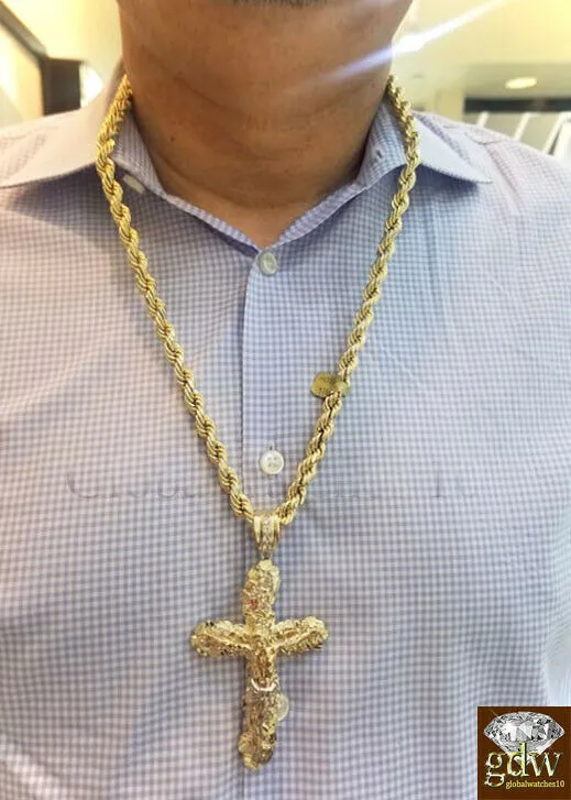 Real 10k Gold Nugget Jesus Crucifix Cross Pendent Charm with 26 Inch Rope Chain Gold and Diamond Charm Necklaces
