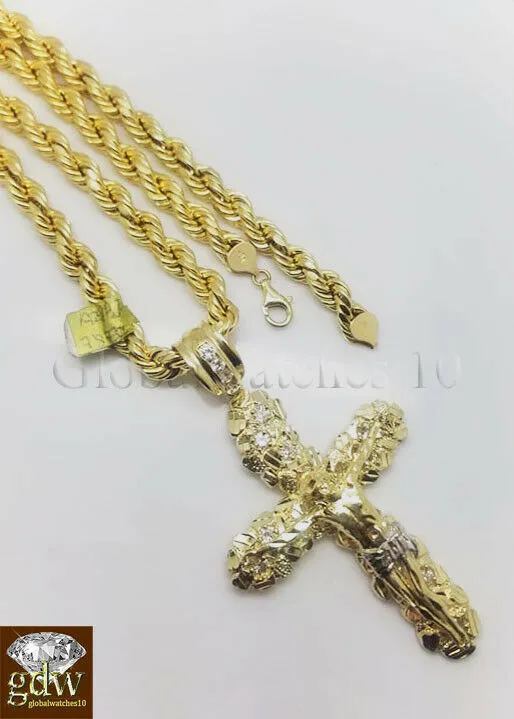 Real 10k Gold Nugget Jesus Crucifix Cross Pendent Charm with 26 Inch Rope Chain Gold and Diamond Charm Necklaces