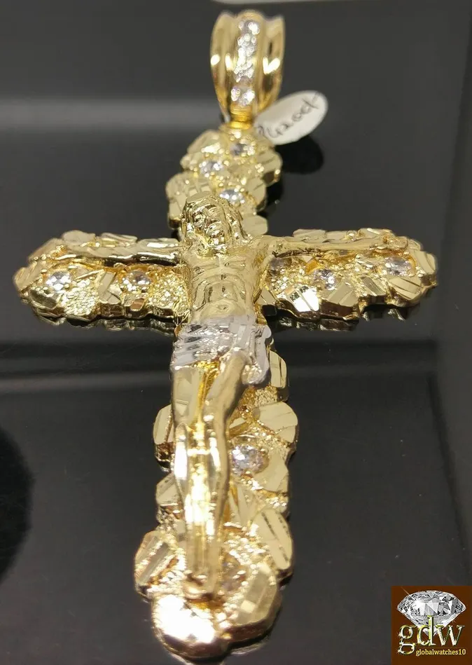 Real 10k Gold Nugget Jesus Crucifix Cross Pendent Charm with 26 Inch Rope Chain Gold and Diamond Charm Necklaces