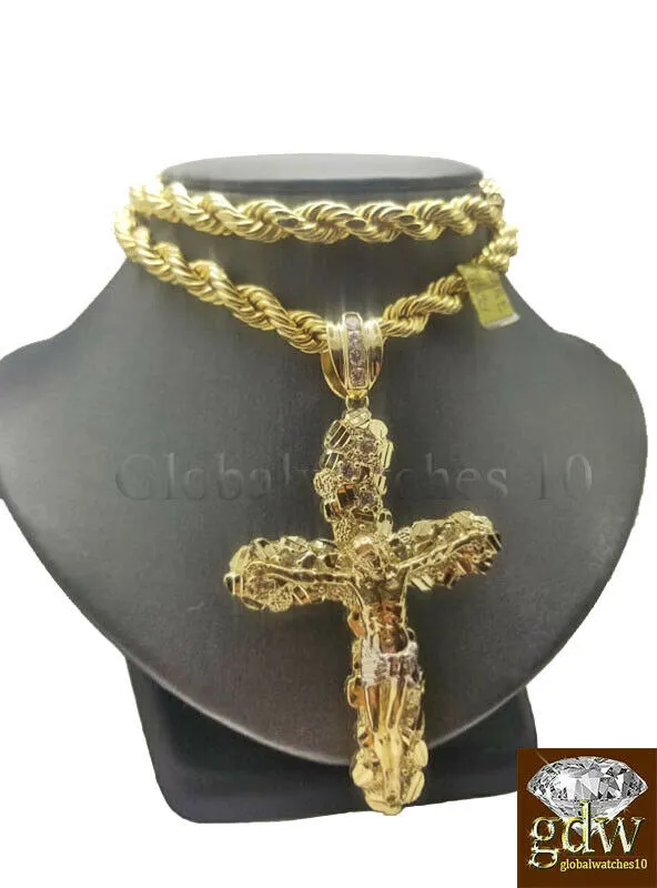 Real 10k Gold Nugget Jesus Crucifix Cross Pendent Charm with 26 Inch Rope Chain Gold and Diamond Charm Necklaces