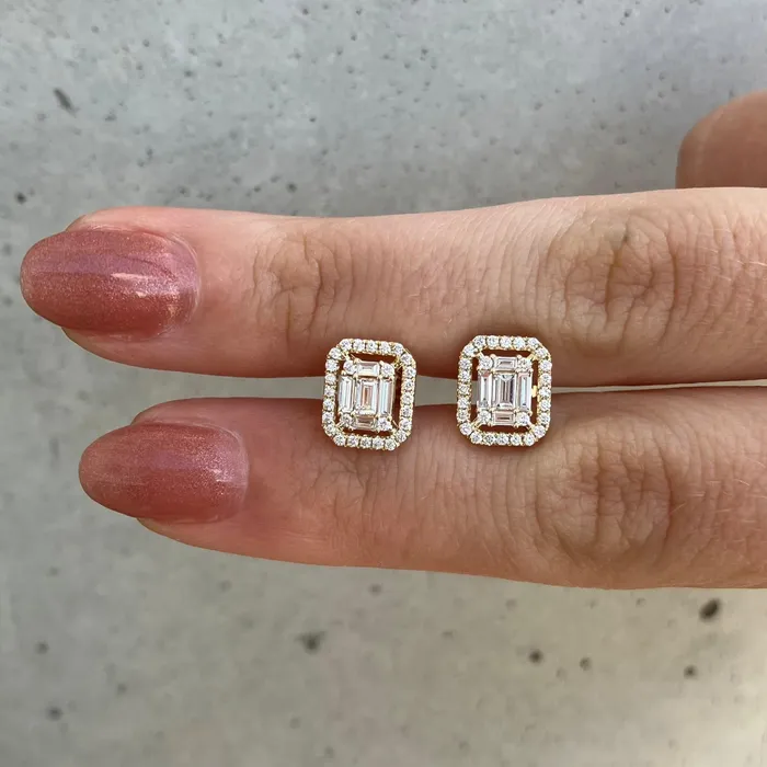 Alev Collection Earrings Illusion and Pave Emerald Cut Earrings