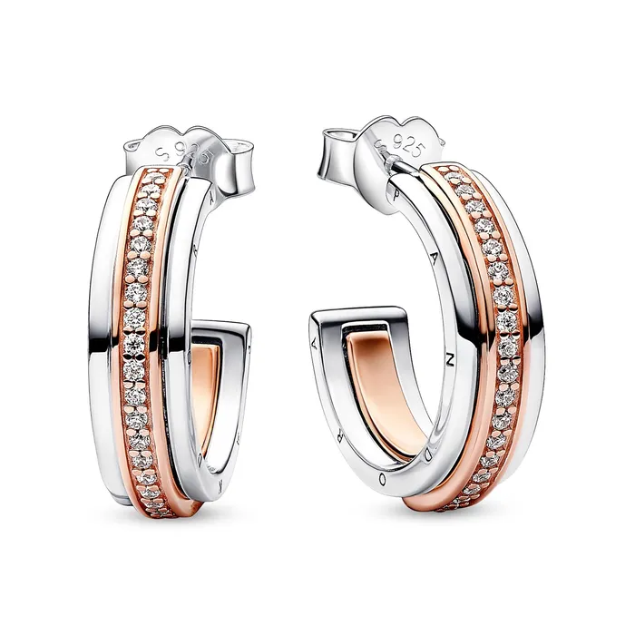 Earrings Pandora Pandora Signature Two tone Logo Pav Hoop Earrings