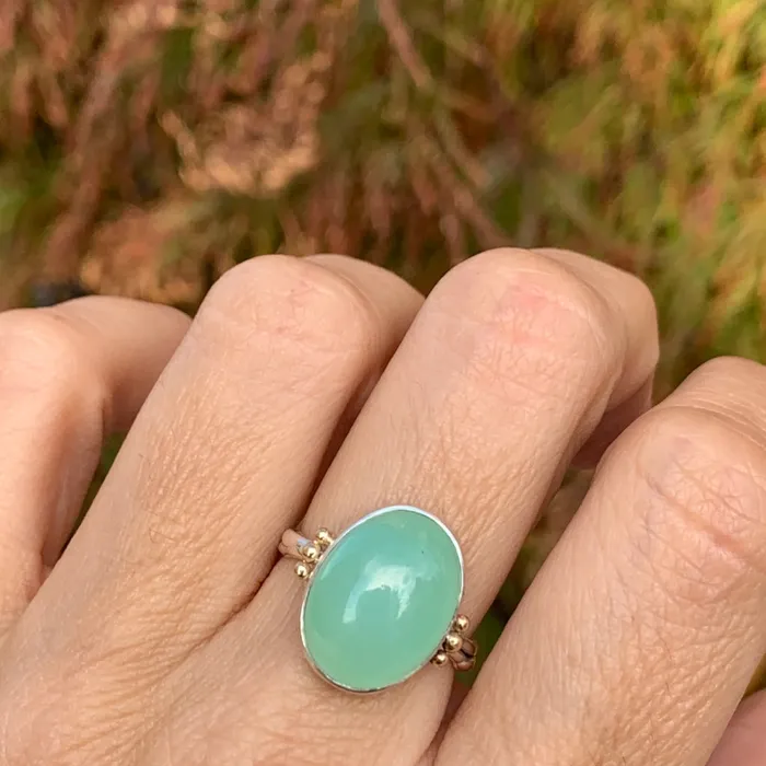 Emily Amey Jewelry Rings Aqua Chalcedony Cocktail ring in sterling silver with gold beads
