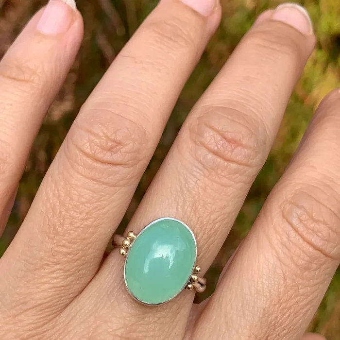 Emily Amey Jewelry Rings Aqua Chalcedony Cocktail ring in sterling silver with gold beads