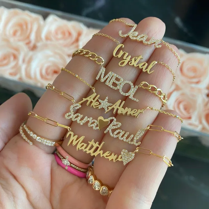 Necklaces Alev Collection Cutout Gold Name Pave Charm Necklace