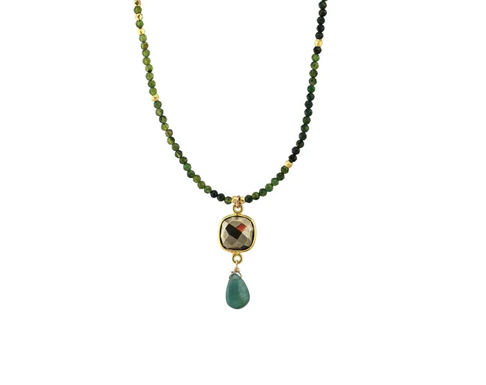 AVF Necklaces AVF Gold Beaded MultiColored Green Tourmaline with Faceted Pyrite Grandidierite Dangle Necklace SI6999 AVF Necklaces AVF Gold Beaded MultiColored Green Tourmaline with Faceted Pyrite Grandidierite Dangle Necklace SI6999