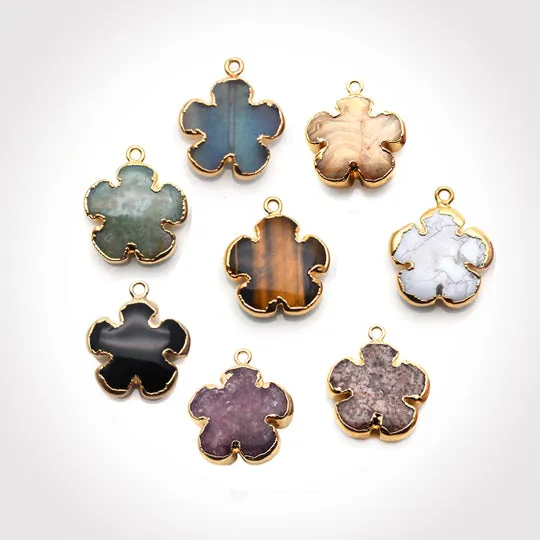 GemMartUSA Charm Necklaces Flower Shape Gemstone Gold Edged Connector Charm Pick Gemstone Bail
