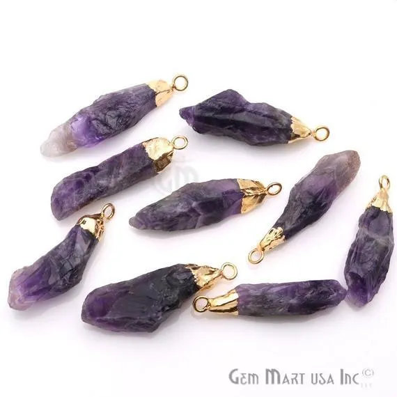 GemMartUSA Rough Amethyst 43x10mm Gold Edged Bracelets Charm Single Bail Connectors Charm Necklaces
