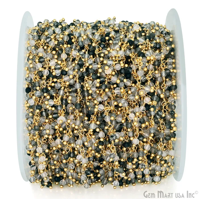 GemMartUSA Rutilated Faceted Bead 253mm Gold Plated Cluster Beads Wire Wrapped Rosary Chain Charm Necklaces