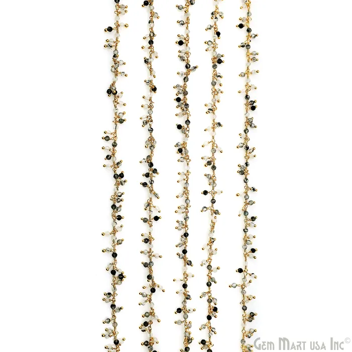 GemMartUSA Rutilated Faceted Bead 253mm Gold Plated Cluster Beads Wire Wrapped Rosary Chain Charm Necklaces